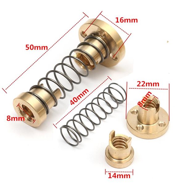 Acme Thread, 2mm Pitch, 4 Starts, 8mm Lead ReliaBot 1 Set T8 Anti Backlash Spring Loaded Copper Nut Elimination Gap for 8mm Acme Threaded T8 Lead Screw 