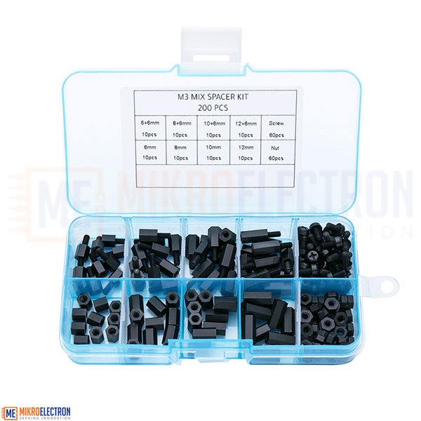 200Pcs M3 Mix Black Hex Nylon Standoff Spacer Screw Nut Kit